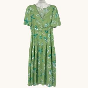 Vintage Sea Life Print Maxi Dress Women L Green Beach Coastal Flutter Sleeve